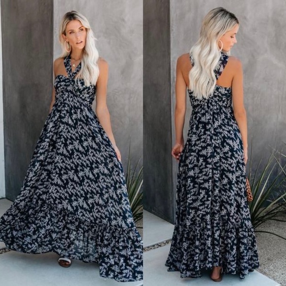 Vici Dresses & Skirts - VICI Otter Bay Navy Blue Floral Ruffle Sleeveless Maxi Dress Size Small